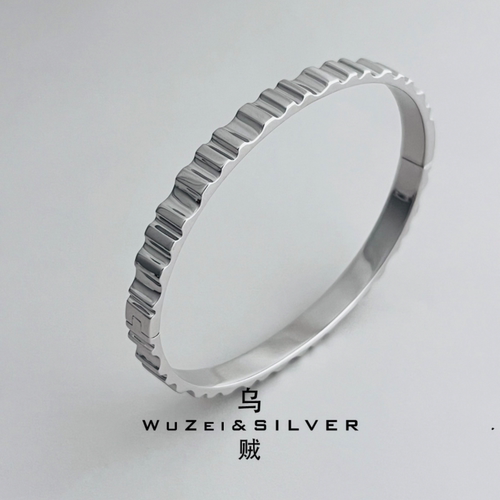 WZ&SILVER设计师款通体S925纯镀铑金开口手镯高级重工百搭质感