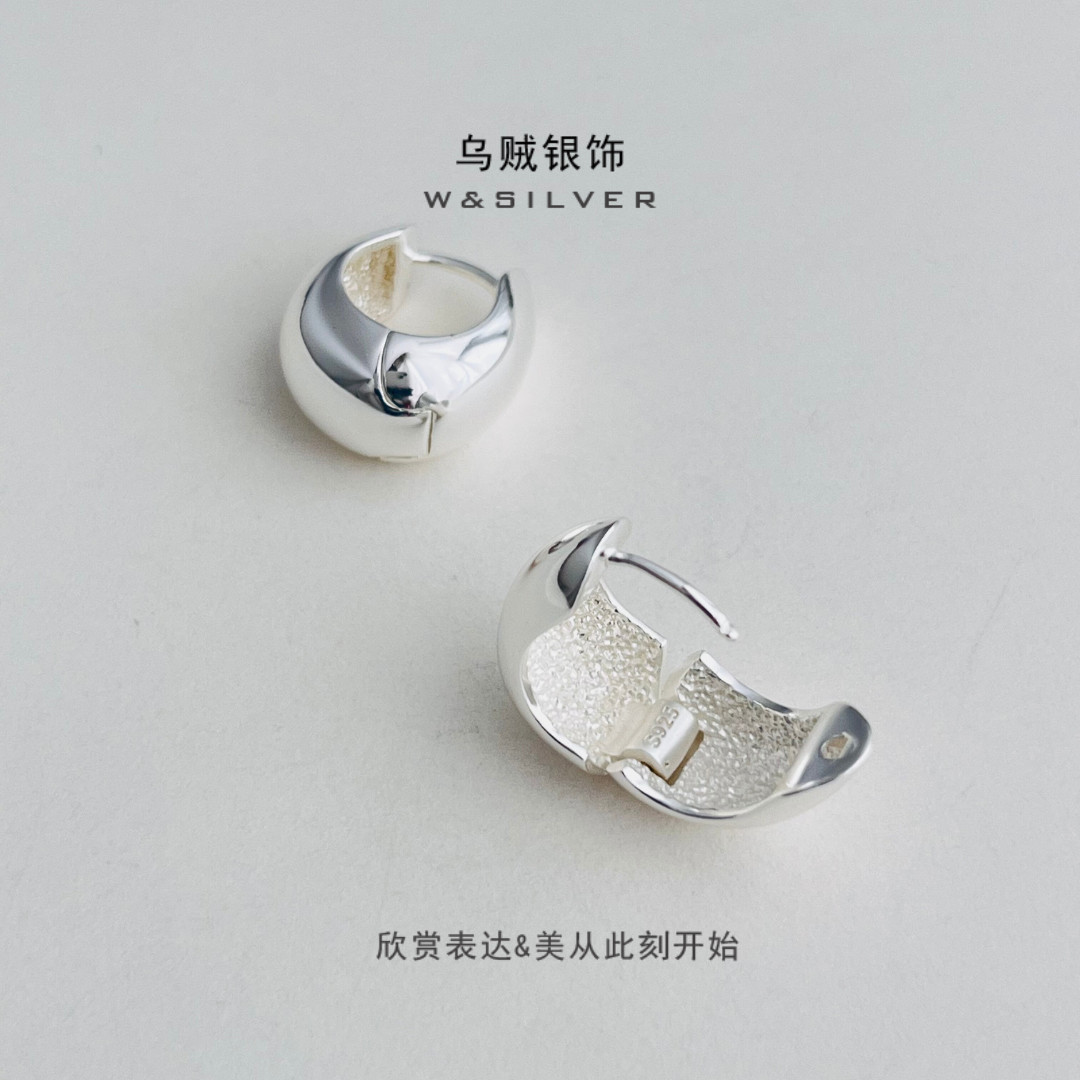 W&SILVER小众设计925纯银U型水滴光面耳环白百何同款复古简约耳环