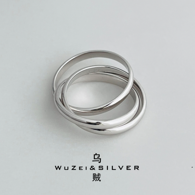 WZ&SILVER设计师宽通体S925纯银镀铑金三环戒指小众简约百搭高级