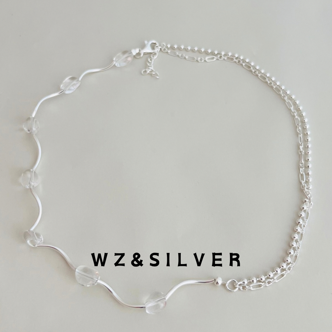 WZ&SILVER 韩国东大门通体S925纯银波浪水晶拼接项链清新锁骨链