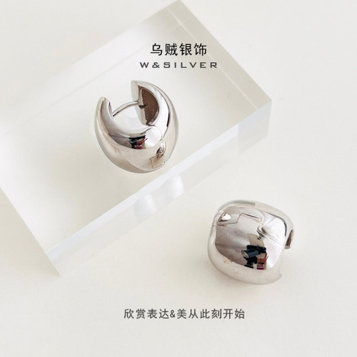 W&SILVER通体S925纯银镀铑金光面耳环简约百搭时尚轻奢小众耳环
