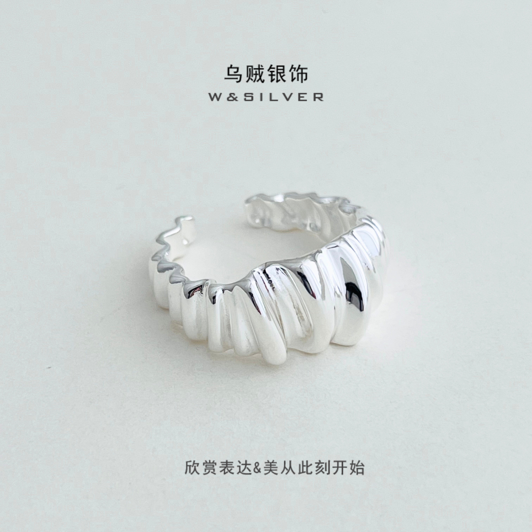 WZ&SILVER韩国东大门通体925纯银褶皱开口戒指女小众设计感高级