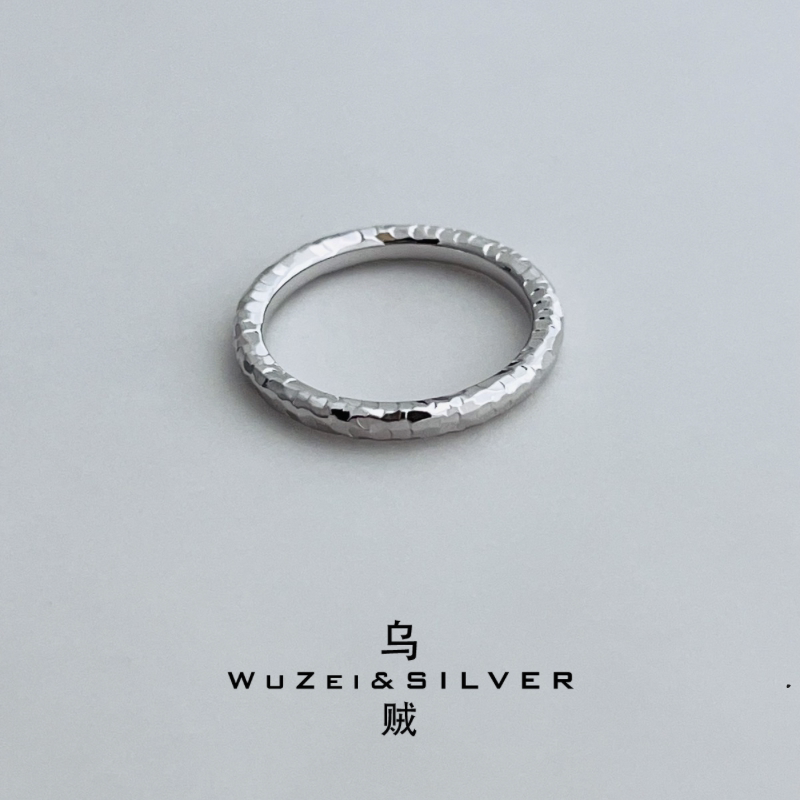 WZ&SILVER通体S925银镀铑金CNC碎冰冰实心素圈戒指高级简约百搭