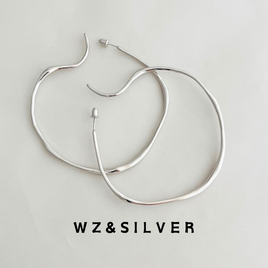 WZ&SILVER设计师款通体S925纯银镀铑金不规则大耳圈高级小众简约