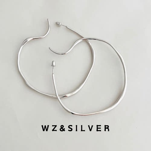 WZ&SILVER设计师款通体S925纯银镀铑金不规则大耳圈高级小众简约