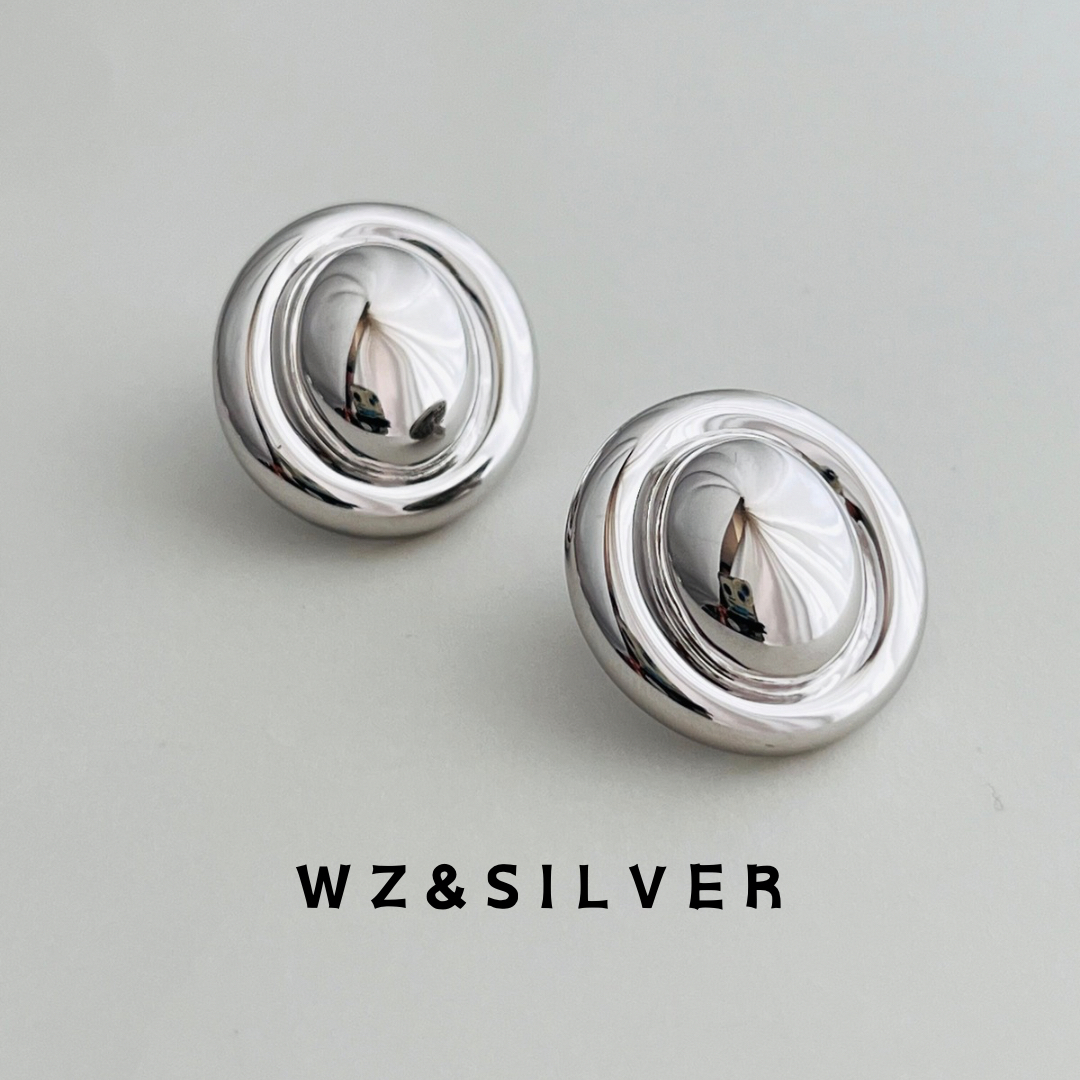 WZ&SILVER乌贼原创通体S925纯银镀铑金银饼耳钉简约百搭高级耳饰