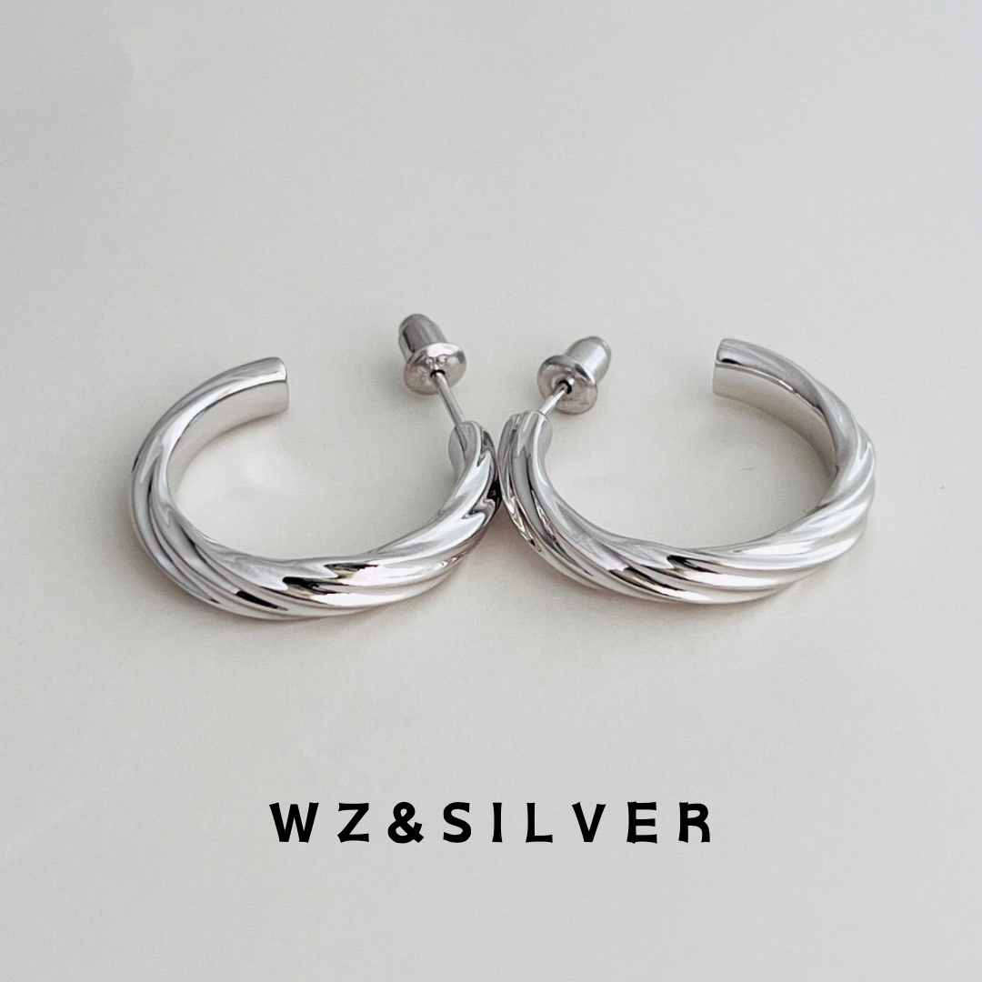 WZ&SILVER设计师款通体S925纯银镀铑金麻花耳圈耳环简约百搭高级