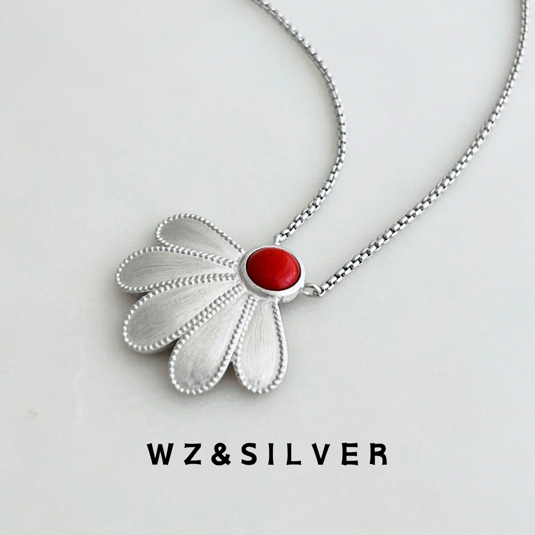 WZ&SILVER设计师款通体S925纯银镀铑金花瓣天然南红耳环高级小众