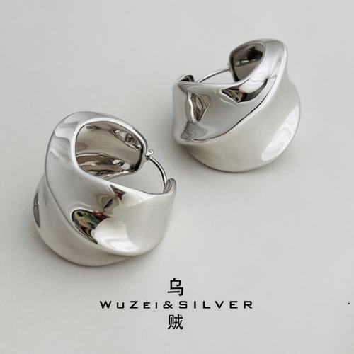 WZ&SILVER设计师款通体S925银镀铑金不规则耳扣高级百搭时尚简约