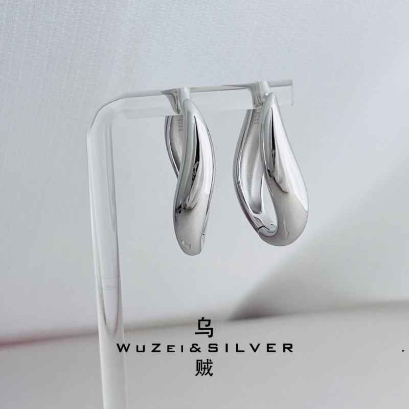 WZ&SILVER设计师款通体S925银镀铑金水波纹线条耳扣高级简约百搭