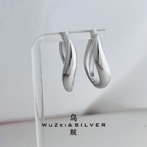 WZ&SILVER设计师款通体S925银镀铑金水波纹线条耳扣高级简约百搭