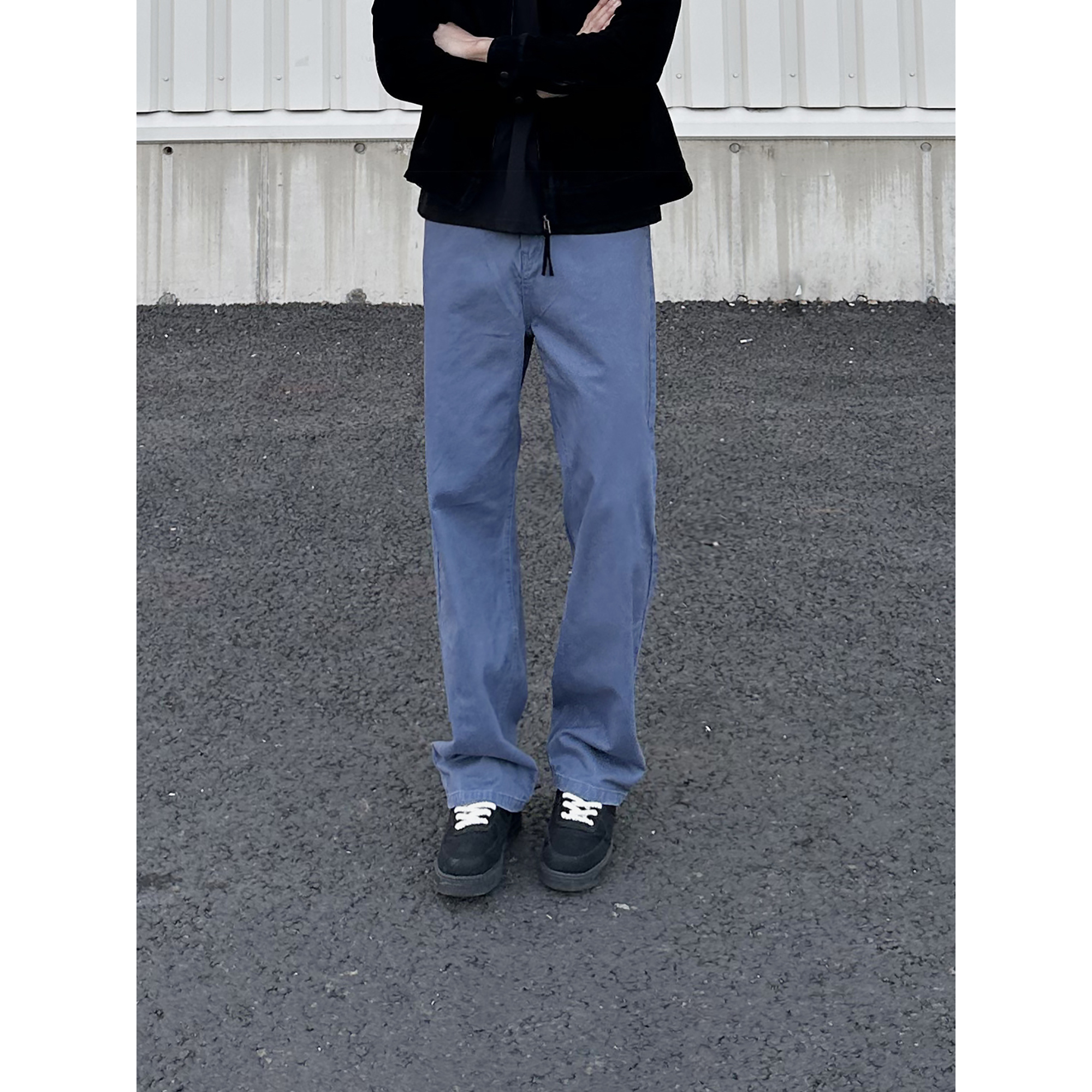 秋季阿苏特染美式复古水洗直筒裤半松紧腰法工蓝工装裤长裤男裤子