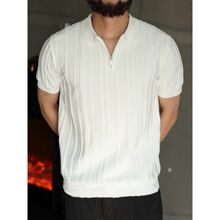 男短袖 针织薄款 拉链polo衫 夏季 条纹t恤 休闲百搭潮流时尚 修身