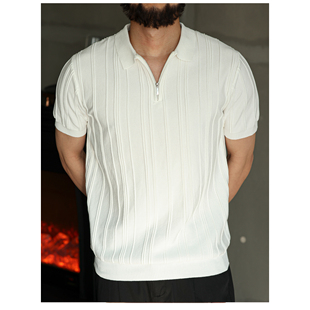 男短袖 针织薄款 拉链针织polo衫 夏季 条纹t恤 休闲百搭潮流时尚 修身