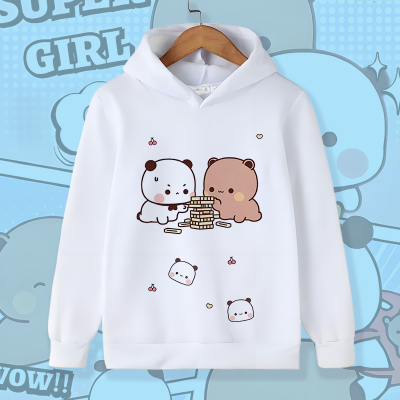 卡通可爱风一二布布连帽加绒卫衣男女童亲子装白色动物图案上衣