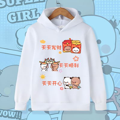 卡通可爱风一二布布连帽加绒卫衣男女童亲子装白色动物图案上衣