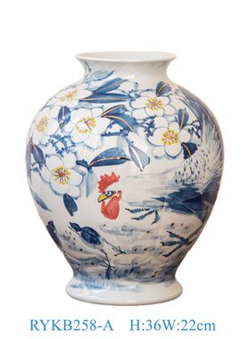 景德镇陶瓷贴花青花加彩公鸡花叶纹花瓶中式插花装饰摆件