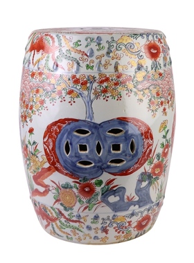 纯手绘青花矾红花卉植物凉墩凳子景德镇陶瓷腰鼓凳户外凉亭瓷器凳