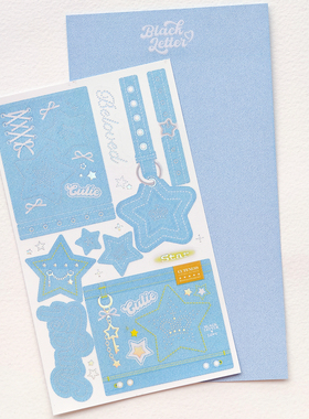 包邮浅蓝色牛仔blackletter烫银手帐用diy追星咕卡贴纸 韩国代购