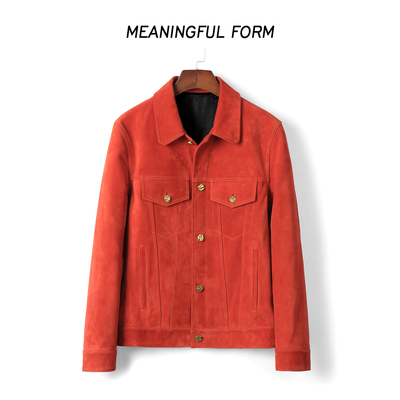 2023正红新款牛仔夹克同款丝绒混种翻毛皮男装欧美