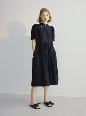 慢茶黑色天丝条纹提花旗袍改良连衣裙2022夏复古泡泡袖新中式裙子