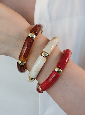 复古弧形竹节手镯大理石纹手串叠戴手环欧美时尚个性新品多色手饰