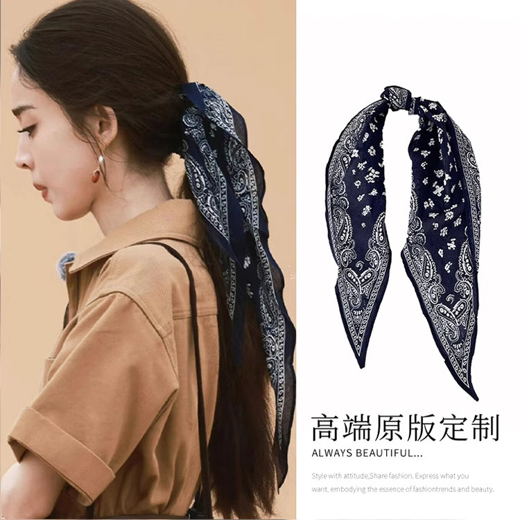 娜扎同款蓝色腰果花绑发丝巾发带小众复古时尚个性百搭花纹发饰女