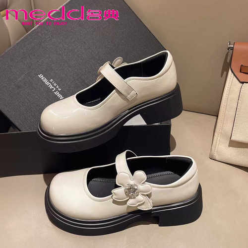 名典2024秋新款厚底玛丽珍鞋女英伦风小皮鞋粗跟百搭乐福鞋77117