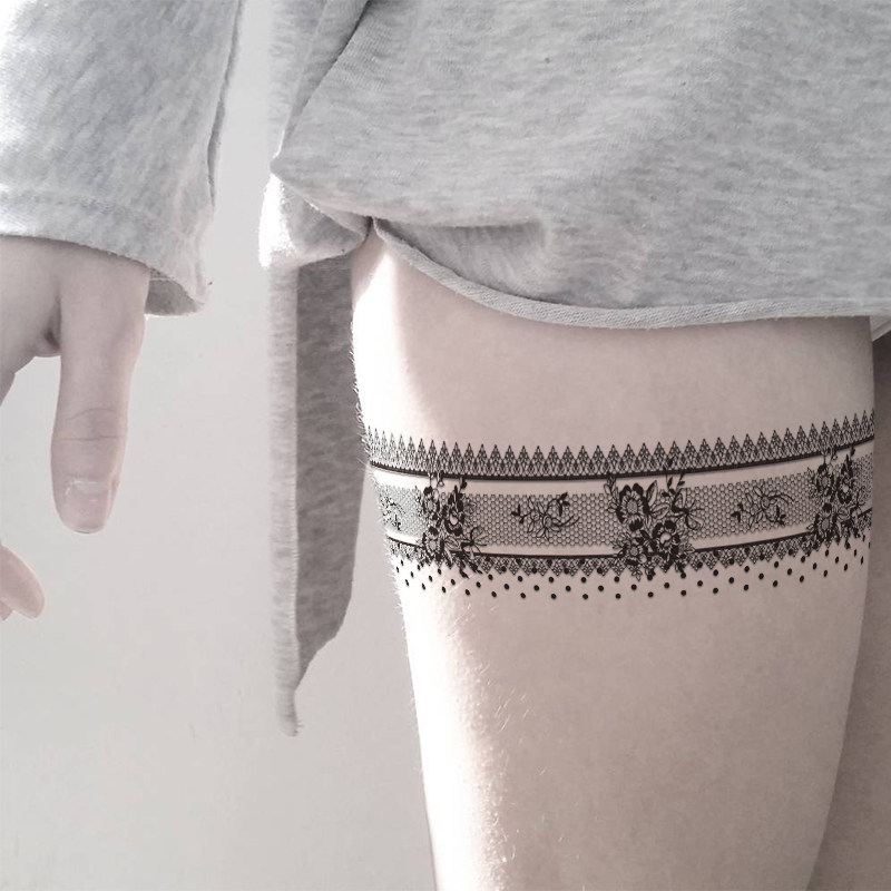 腿环蕾丝纹身贴防水女持久黑色性感腿部纹身贴一圈文身 加长版