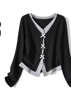 2026春季黑灰撞色设计感假两件长袖收腰小衫百搭减龄上衣80330