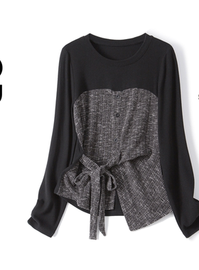 2025秋冬韩系大码胖mm设计感假两件拼接收腰绑带长袖T恤上衣80695