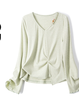 2026春季新款胖mm大码女装捏褶V领T恤设计感不规则显瘦上衣80272