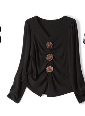 2025秋冬款胖mm大码V领褶皱花朵长袖T恤设计感加绒打底上衣80660