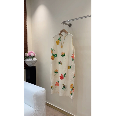 “无尽夏”25夏季彩色花朵设计感洋气茧型亚麻无袖连衣裙长裙度假