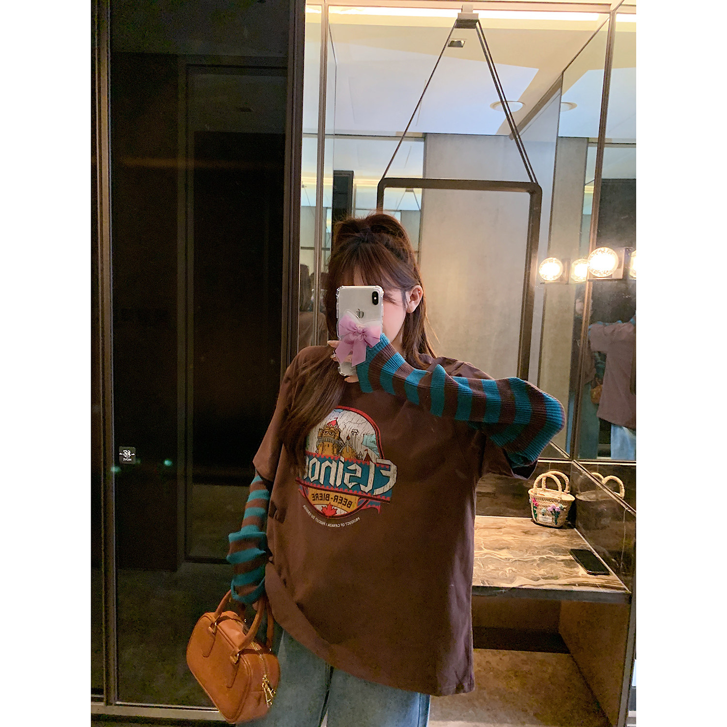 PINKDAISY韩国东大门2024春秋新款减龄彩色条纹假两件长袖T恤女