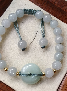 新款翡翠A货平安扣珠串手绳清新淑女款可调节浅绿底送闺蜜礼物