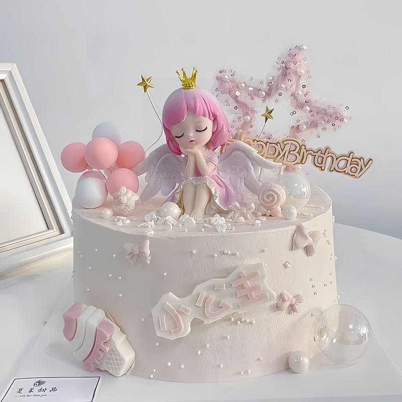 粉色皇冠蜜雪儿公主蛋糕装饰小仙女天使翅膀女孩生日派对甜品插件