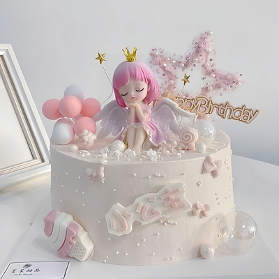 粉色皇冠蜜雪儿公主蛋糕装饰小仙女天使翅膀女孩生日派对甜品插件
