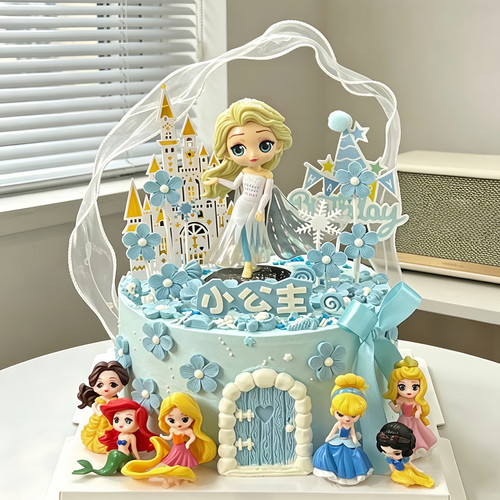 卡通爱莎公主蛋糕装饰套装白雪公主城堡雪花女孩仙女生日甜品插牌