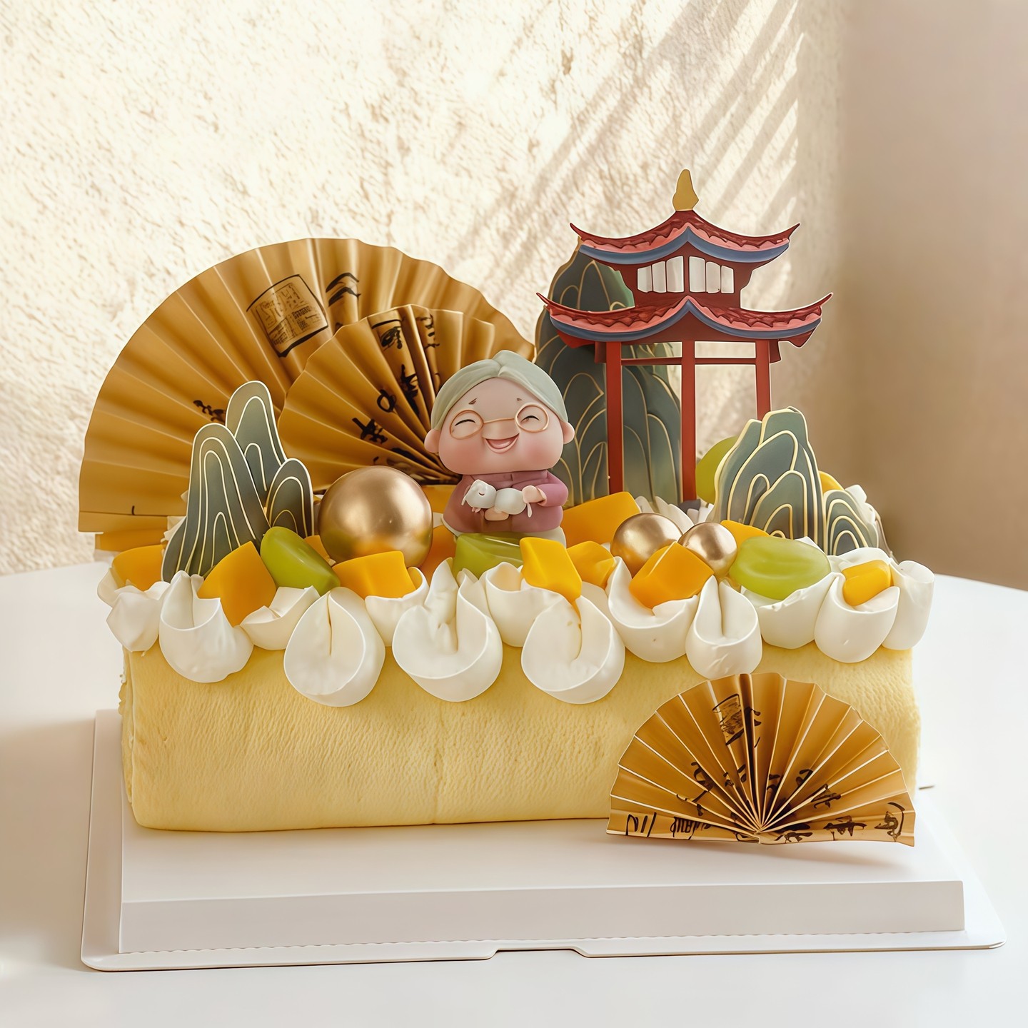 老奶奶祝寿蛋糕装饰套装爷爷兰亭序金色扇子寿桃中式老人生日插牌