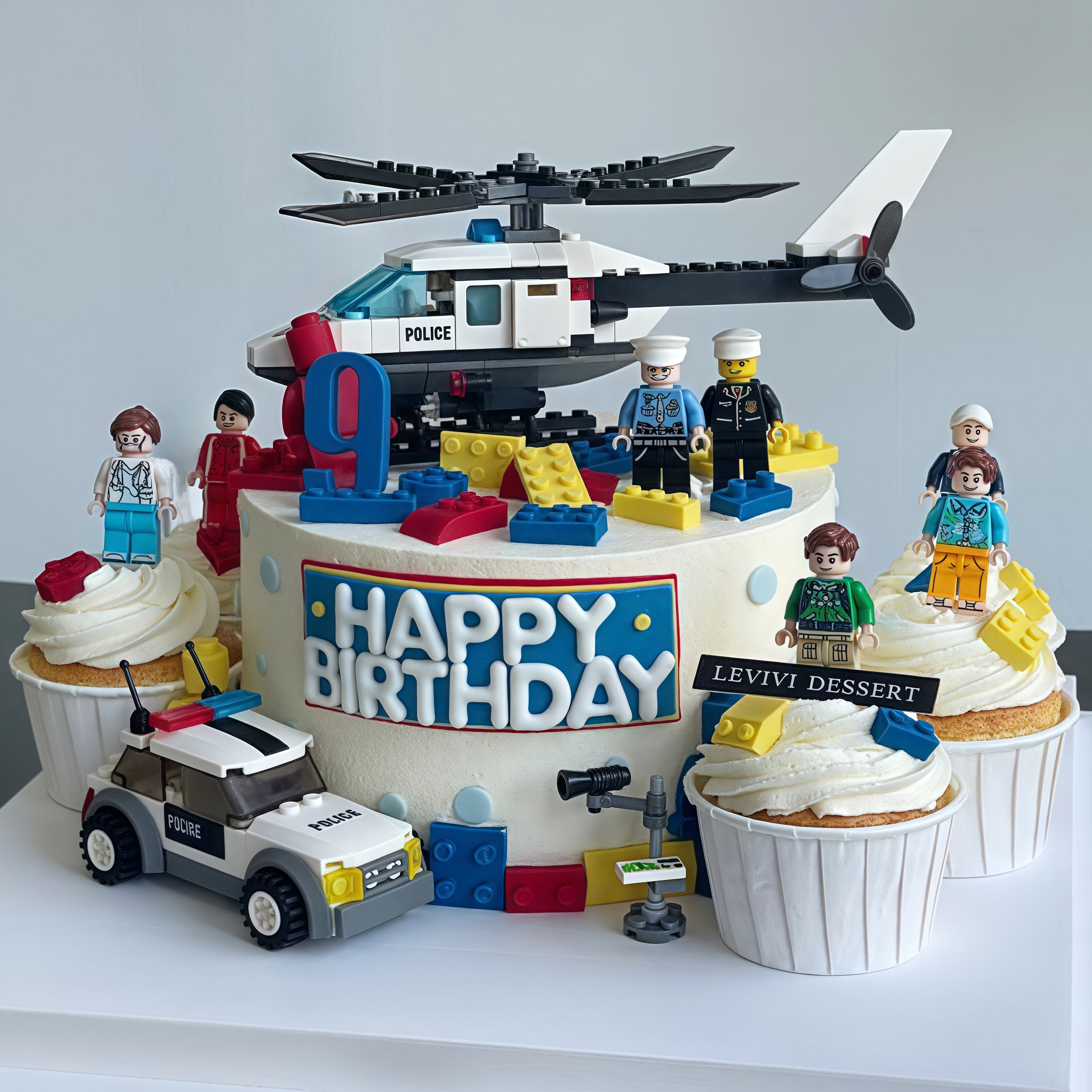 直升机积木蛋糕装饰警察小汽车飞机忍者机器人儿童生日甜品台插件