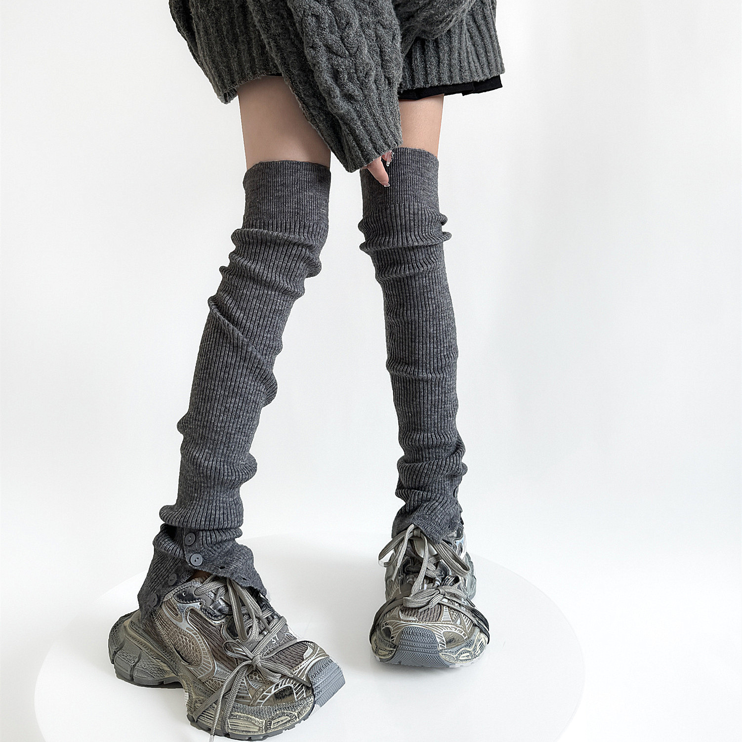 格雷系灰色纽扣堆堆袜套JK长筒女