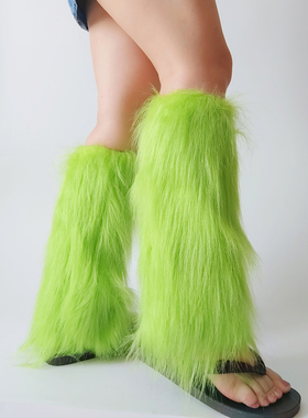 草绿色仿皮草袜套彩色Y2K千禧辣妹堆堆袜腿套表演走秀靴套ins白色
