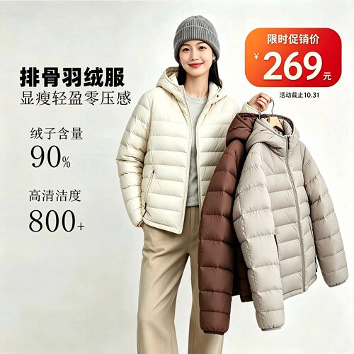 秋冬女新国标90白鹅绒排骨羽绒服800蓬保暖轻薄短款连帽新款外套