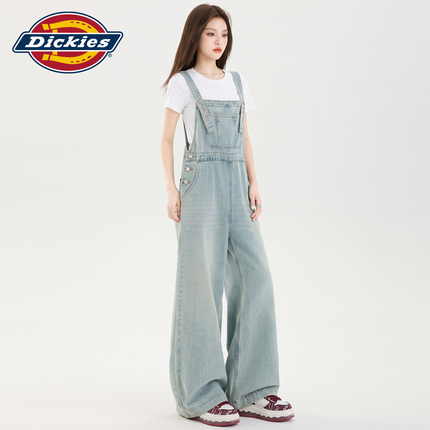 Dickies帝酷适美式高街阔腿牛仔背带裤女秋季小个子宽松连体裤子Y