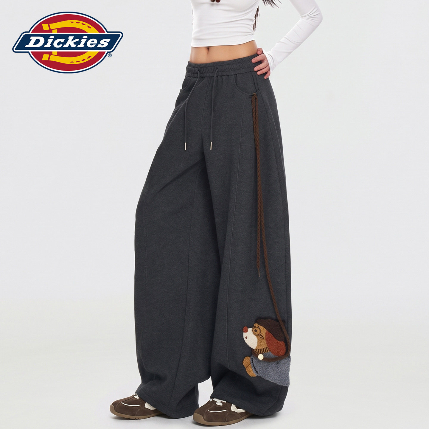 Dickies帝酷适慵懒风遛狗刺绣抽绳休闲裤女显瘦遮胯阔腿遛弯卫裤Y