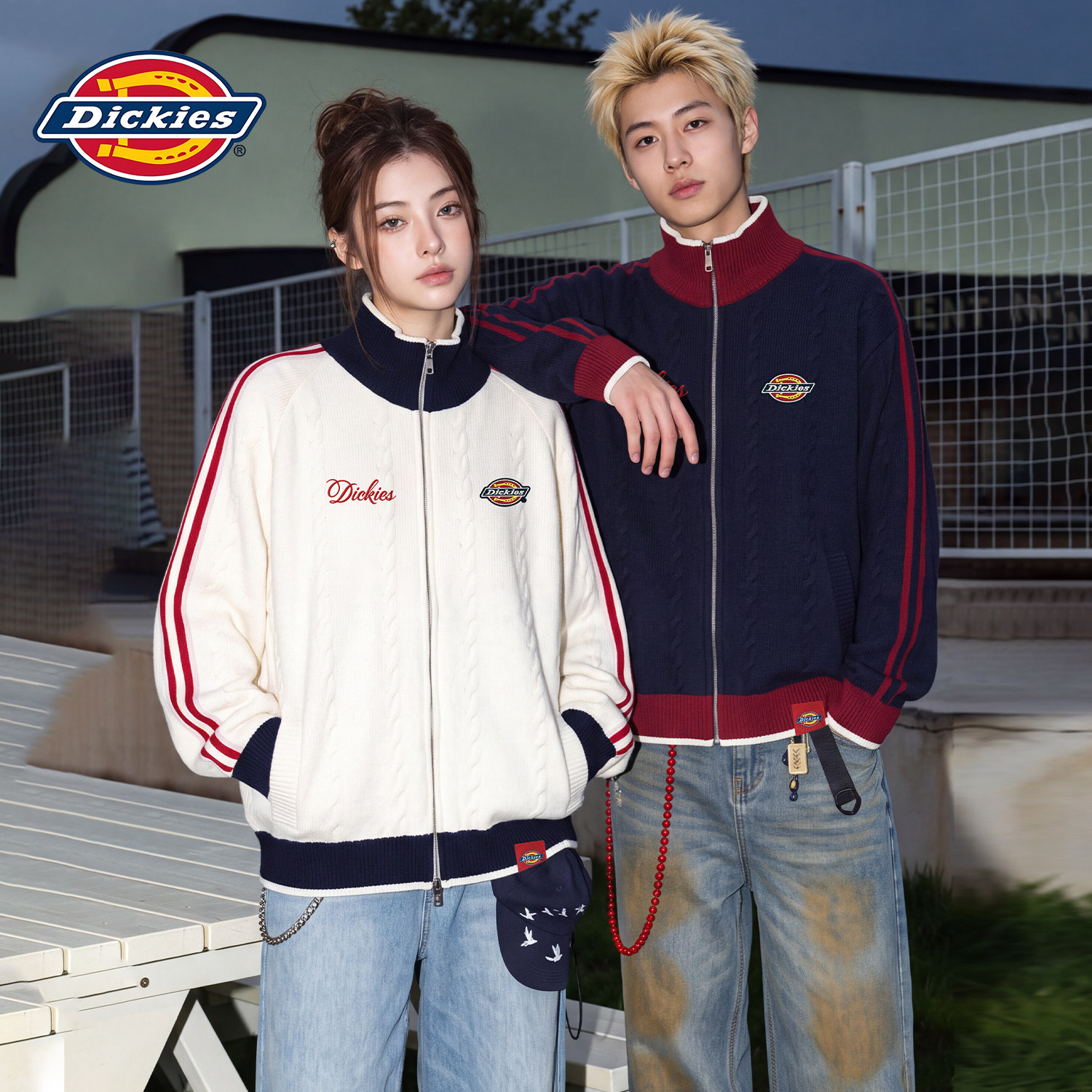 Dickies冬季撞色时尚立领针织衫上衣潮cool男女情侣百搭毛衣外套J