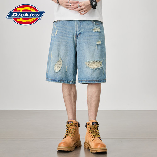 Dickies帝酷适牛仔短裤男美式复古破洞潮牌宽松水洗休闲直筒裤子M