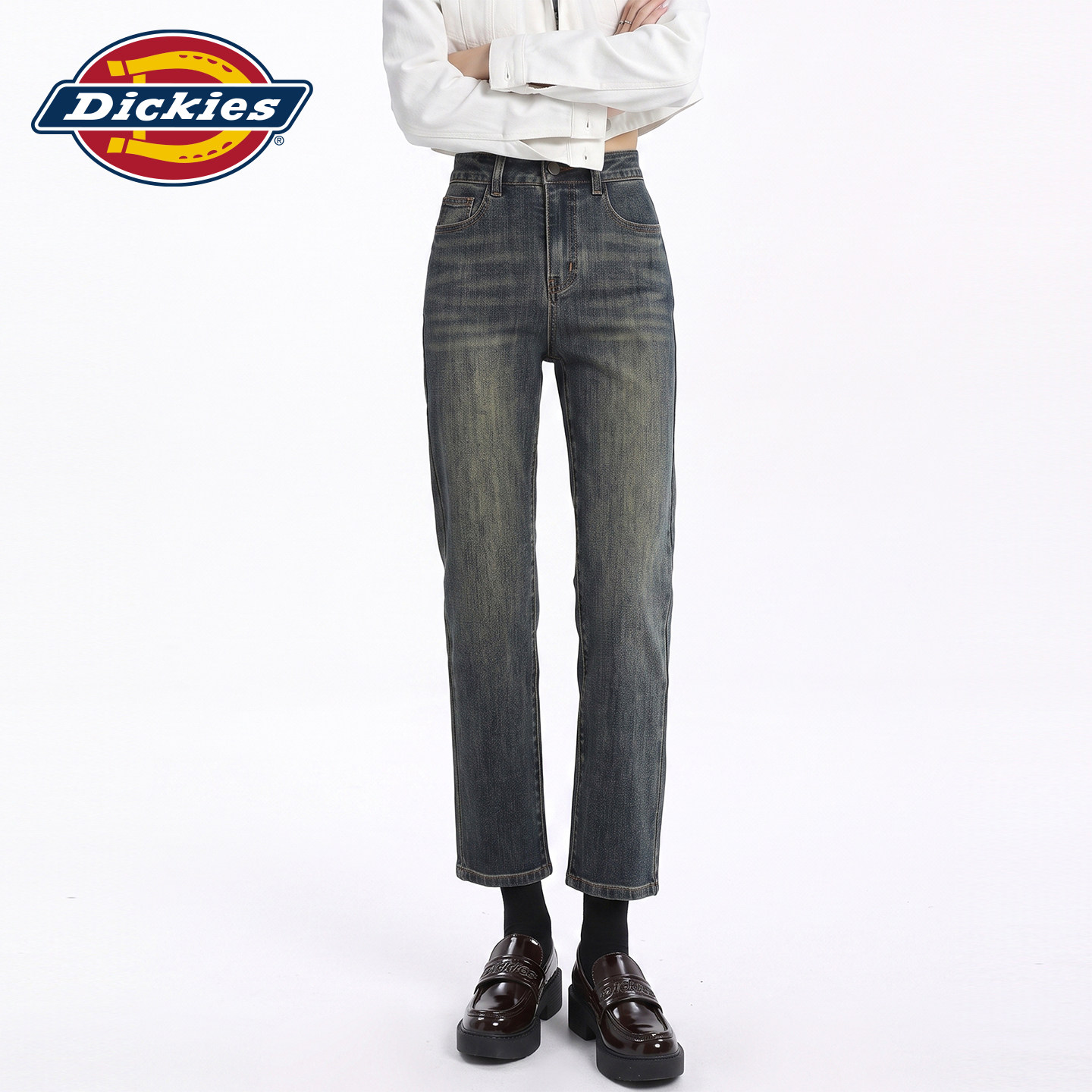Dickies帝酷适复古怀旧蓝灰阔腿九分牛仔裤女高腰显瘦弹力直筒裤Y