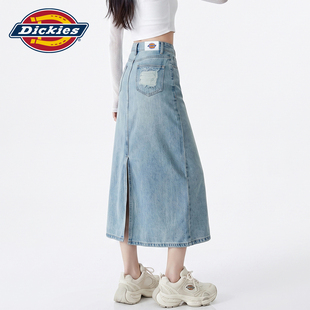 Dickies帝酷适浅蓝色磨破后开叉牛仔半身裙女秋季高腰宽松A字裙Y